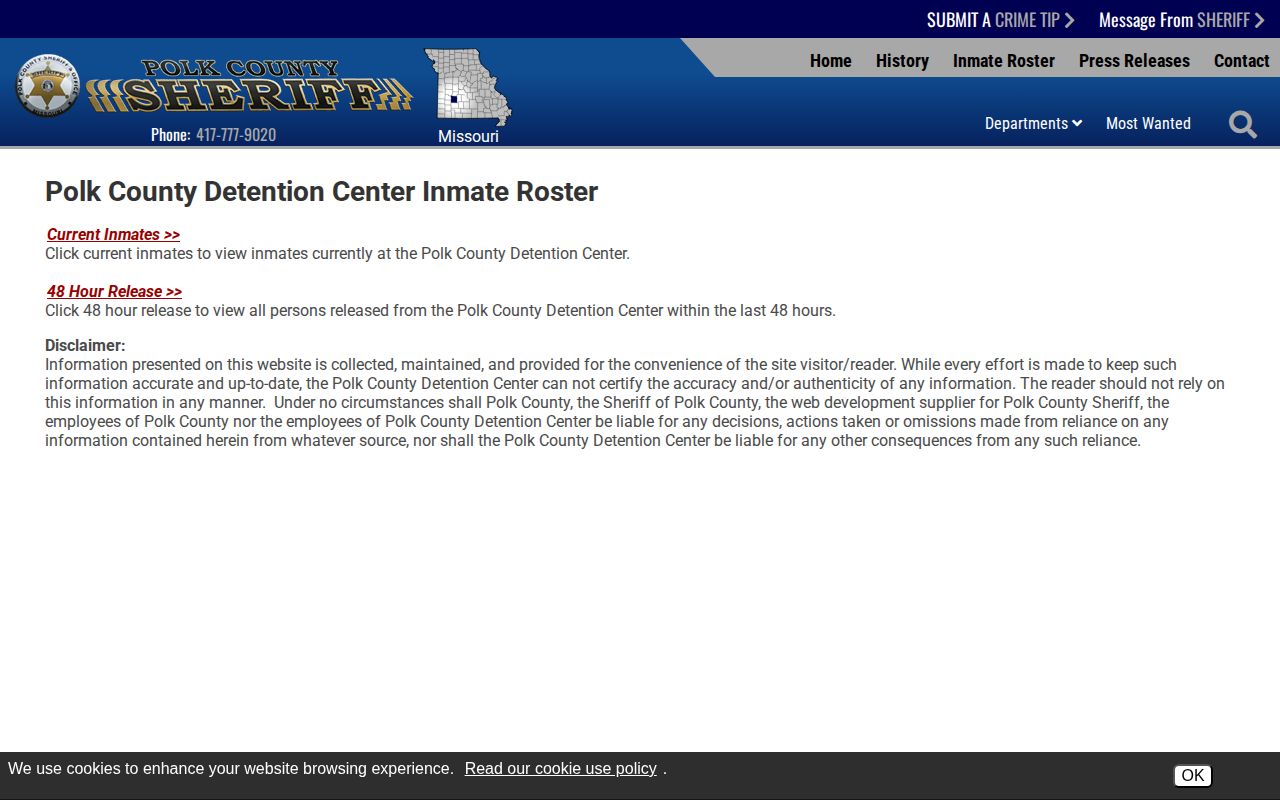 Polk County Sheriff roster chooser with Current Inmates and 48 Hour Release options