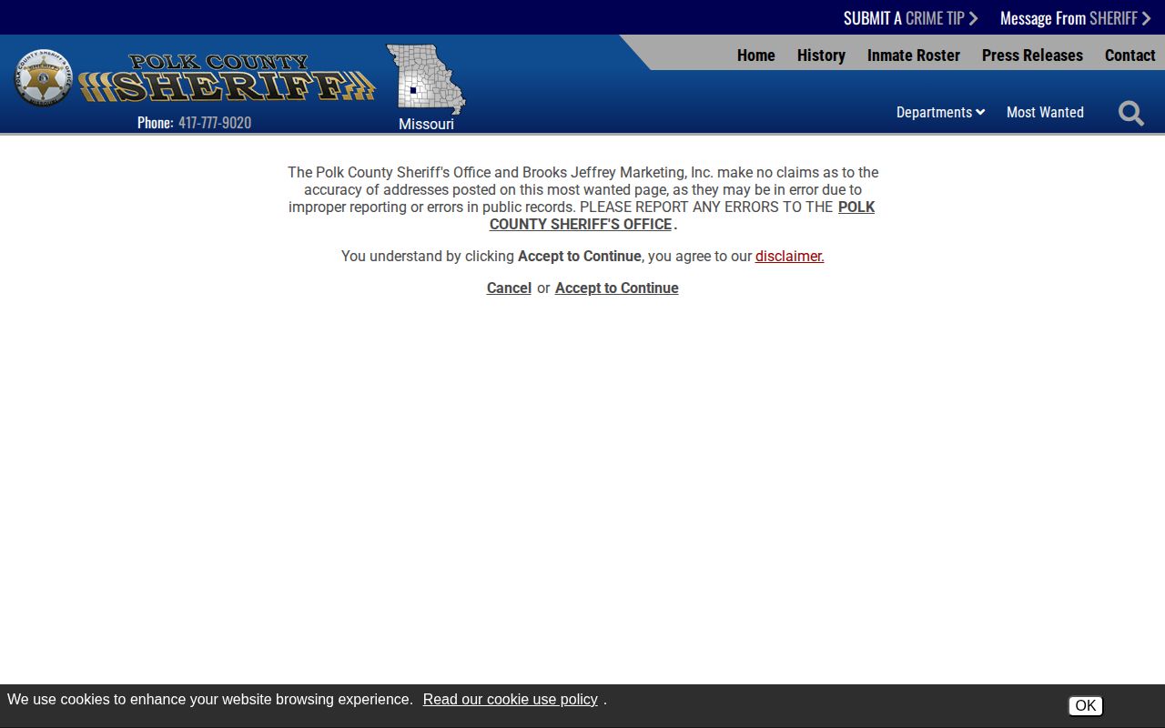 Polk County Sheriff official Most Wanted access and disclaimer page