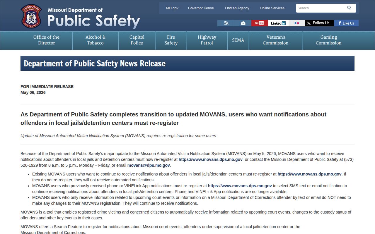 Missouri DPS notice about MOVANS local jail alert changes