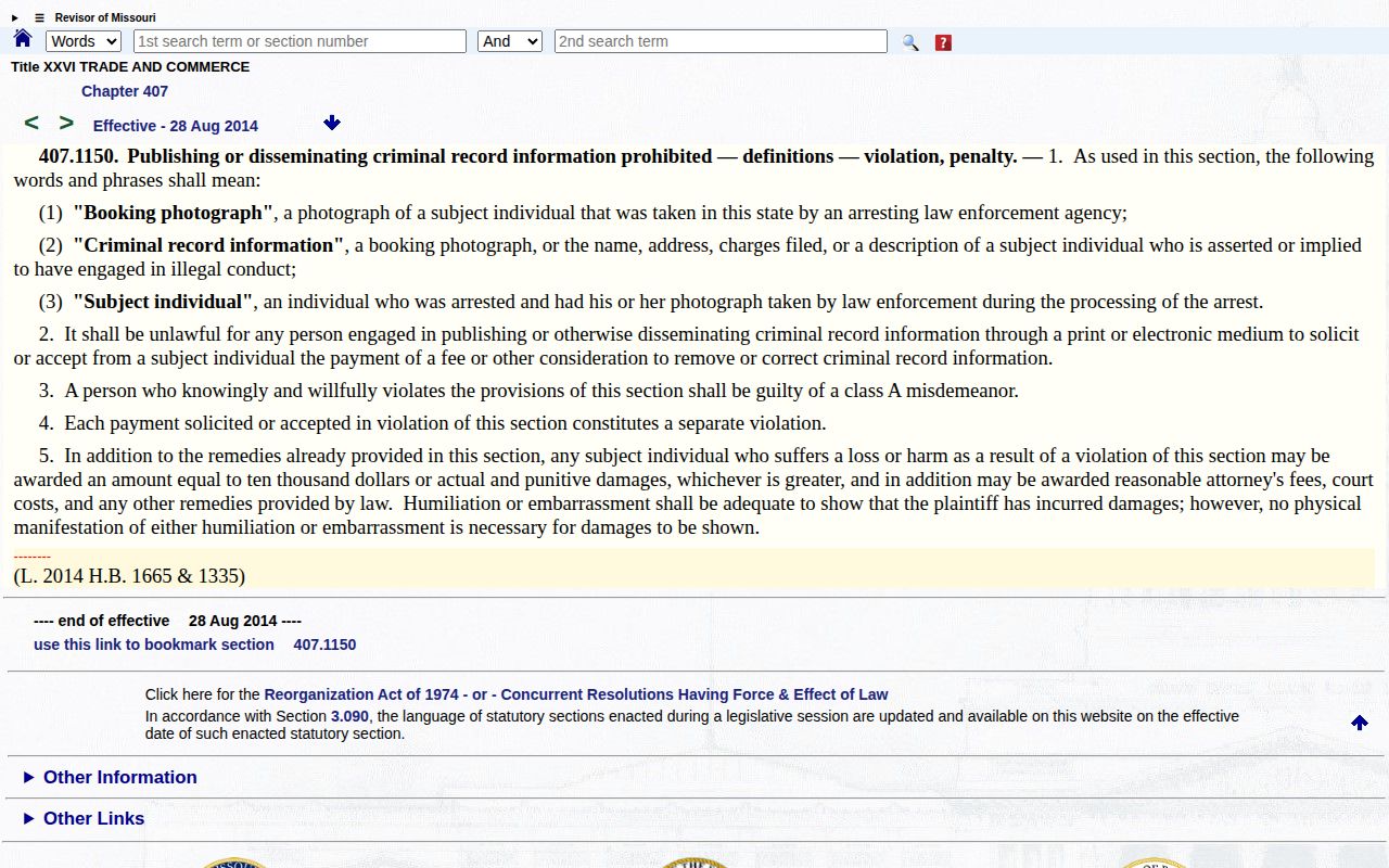 Missouri statute 407.1150 addressing payment for removal of booking photographs