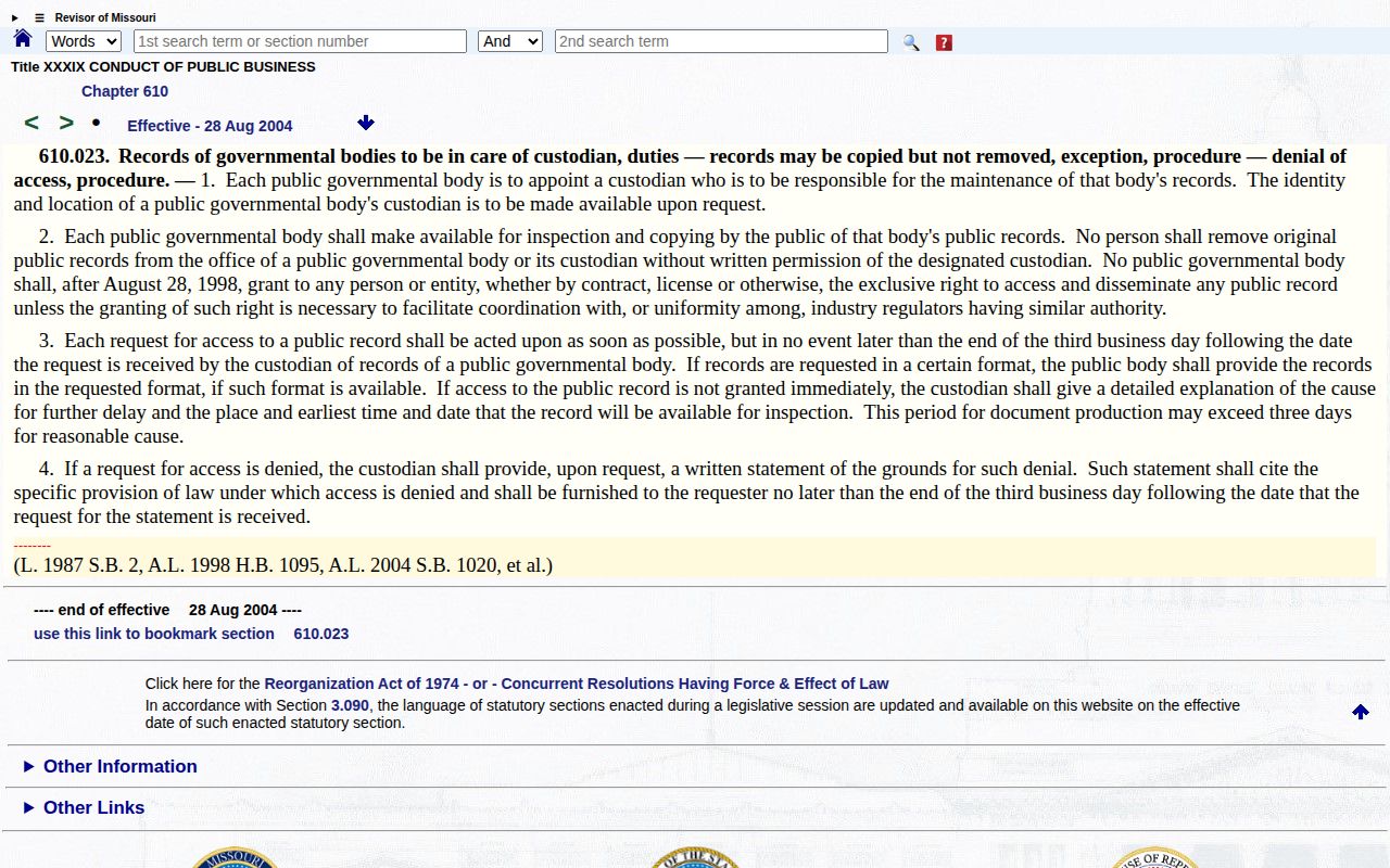 Missouri Revised Statutes section 610.023 public records custodian page